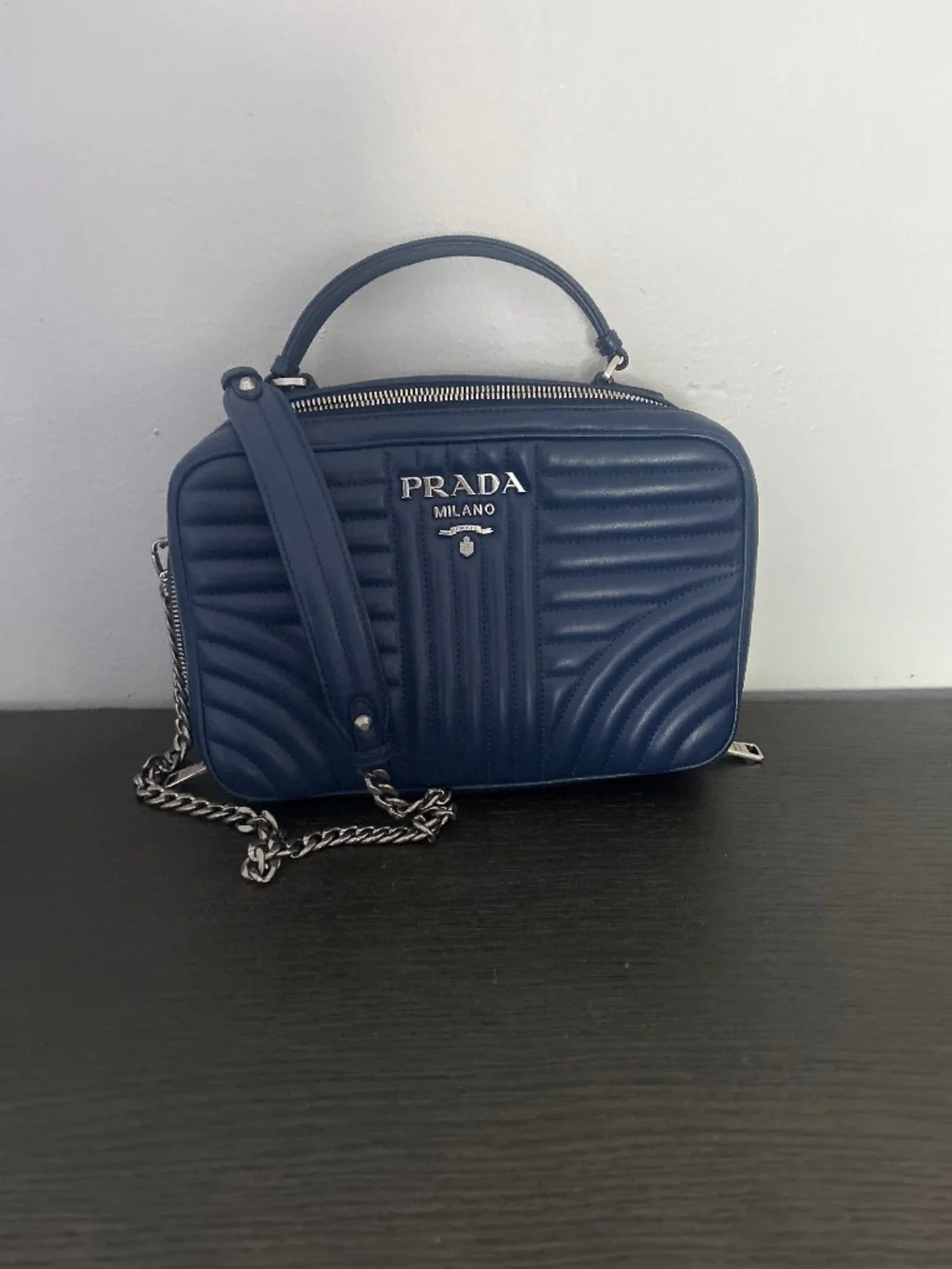 Prada Diagramme Medium Quilted Leather Top Handle Shoulder Crossbody Bag Navy